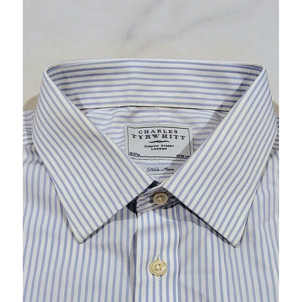 Charles Tyrwhitt Men's Dress Shirt Non-Iron Size 18 / 37 Blue Striped Cotton